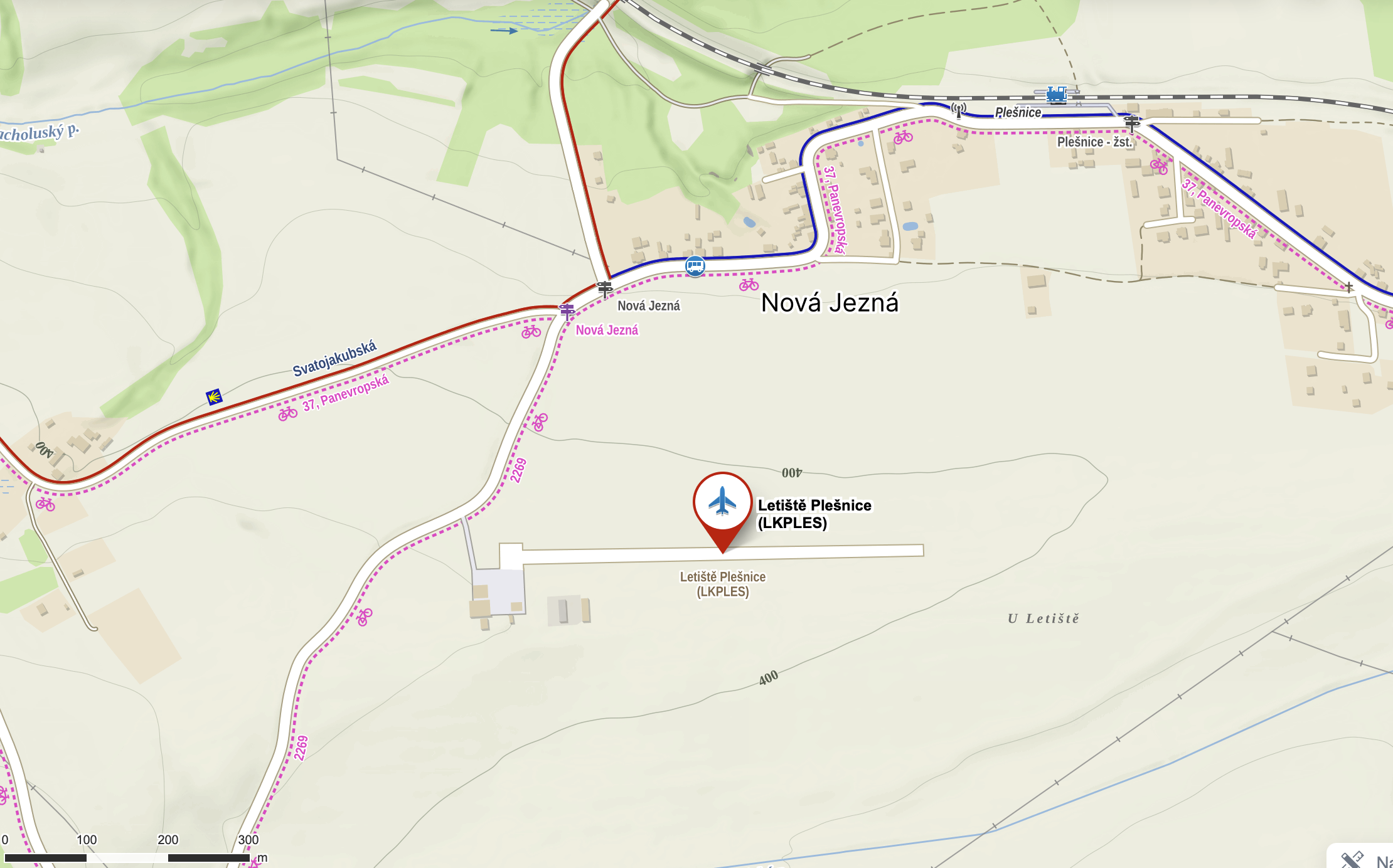 Mapa okolí letiště Plešnice